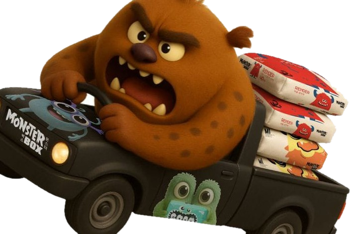 Maskot Monsterbox mengantar sak mortar dengan mobil pikap